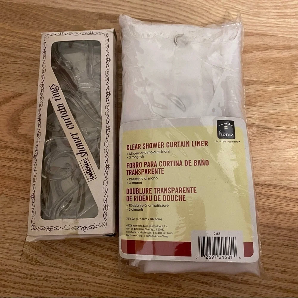 Vintage Interio Plastic Shower Hooks & Clear Shower Curtain Liner NEW
